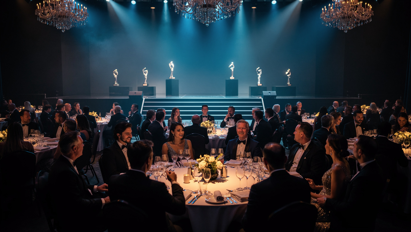 An awards dinner with guests in evening wear seated at round banquet tables in front of a stage lined with trophies