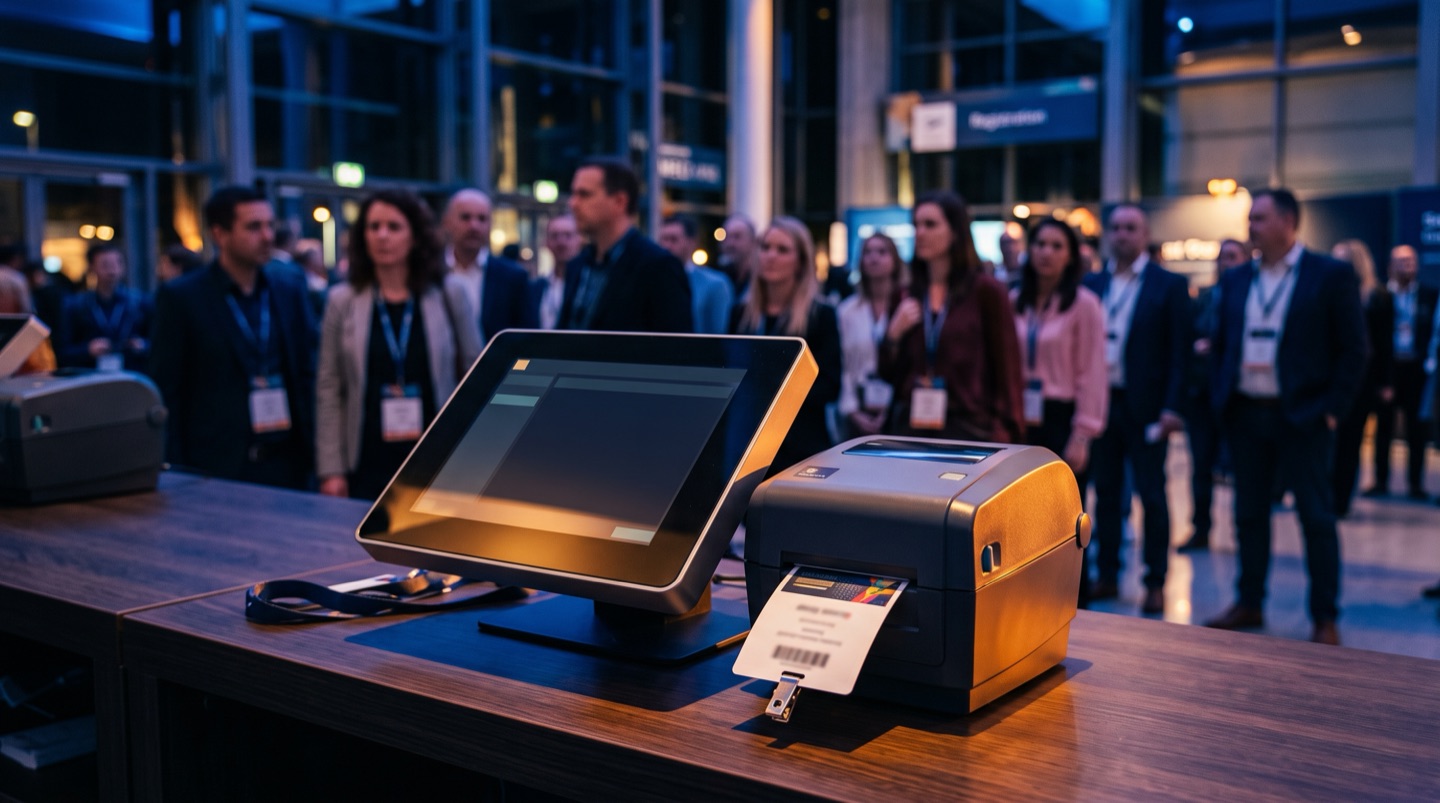A self-service check-in kiosk with a tablet and thermal printer printing an attendee badge