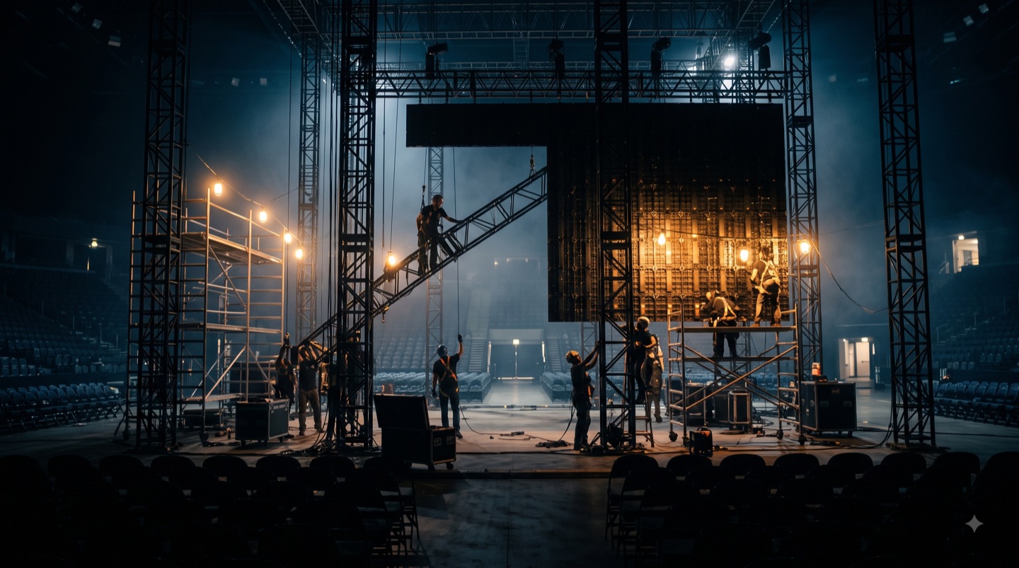 An event stage under construction, lights and LED wall being assembled