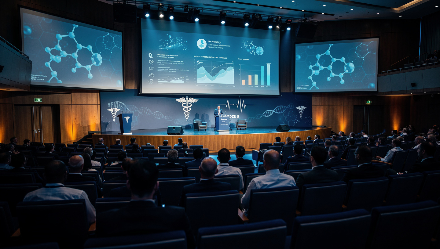 A medical symposium auditorium with clinical slides on large screens and delegates seated facing the stage
