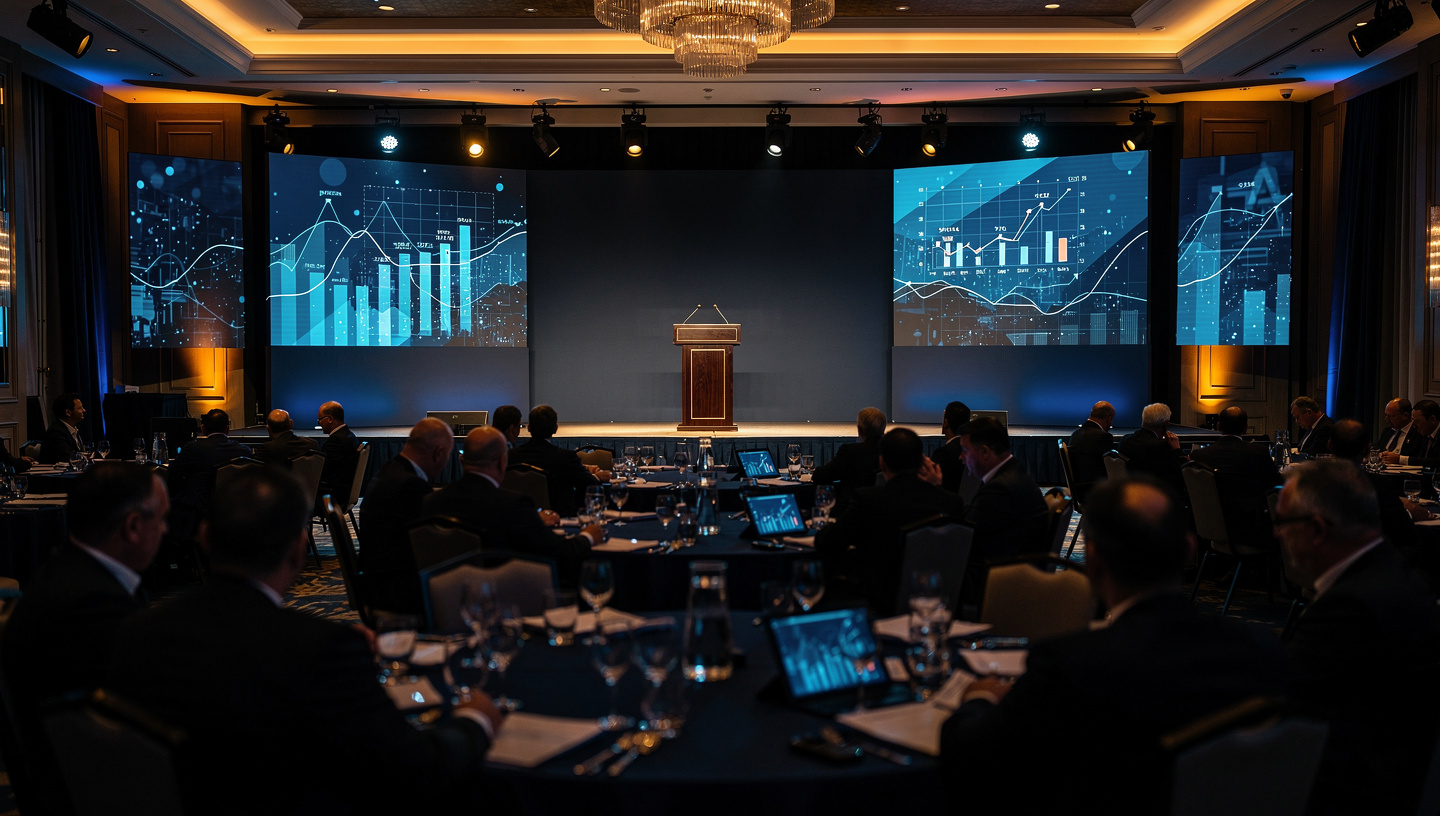 A formal corporate event with data dashboards on stage screens