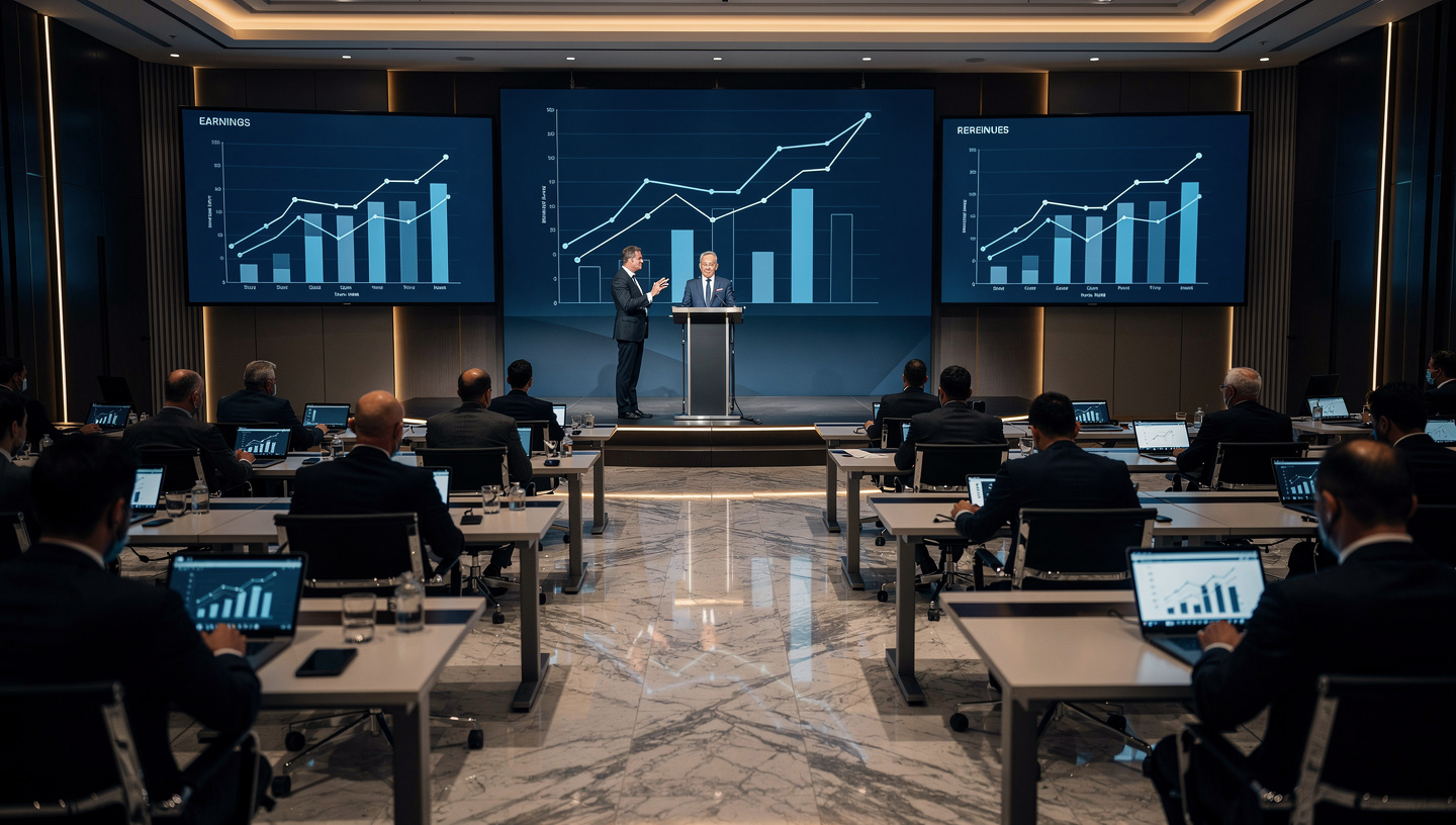 An investor day auditorium with revenue and earnings charts on large screens and delegates at laptops