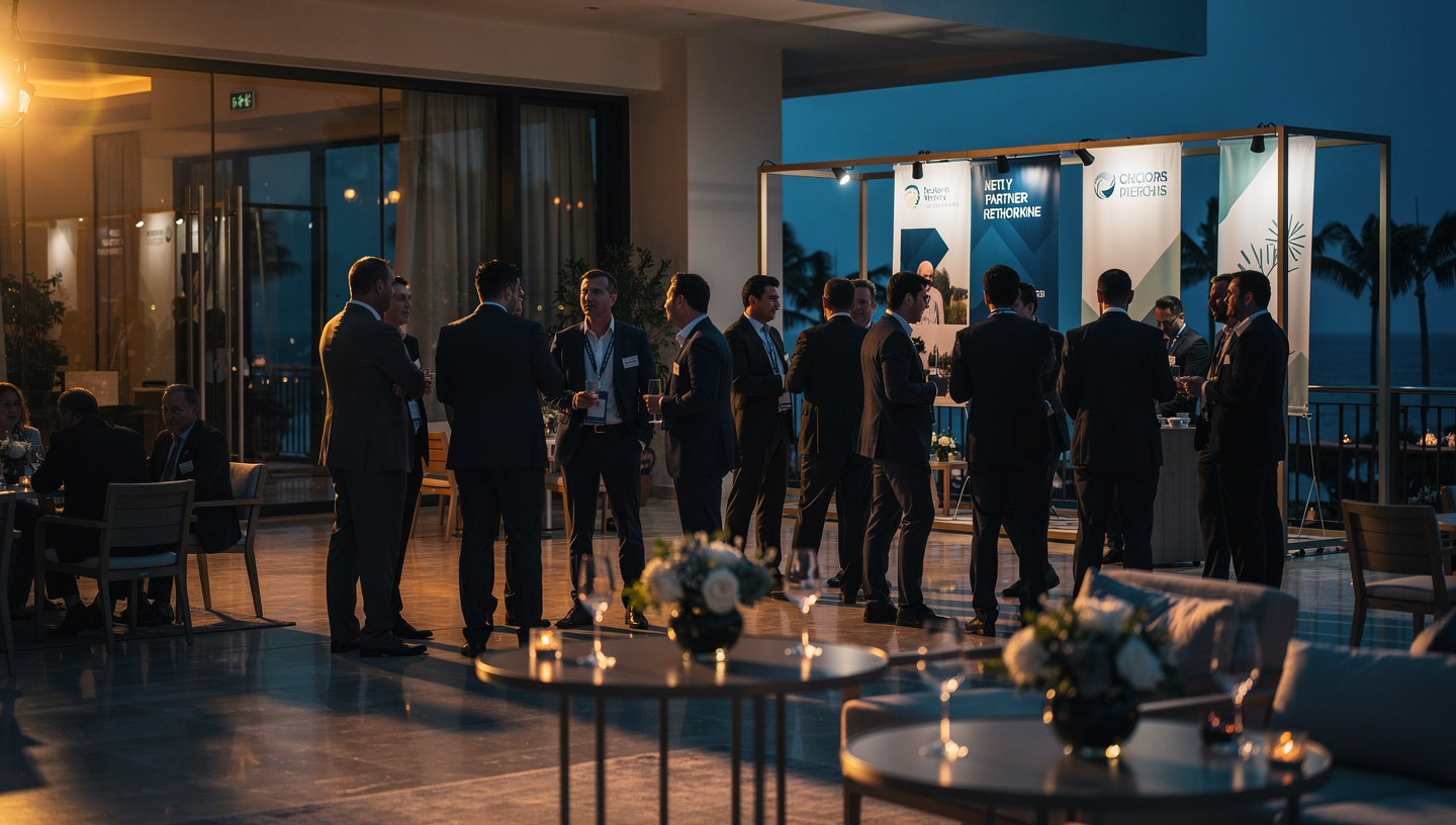 Delegates wearing name badges networking at an evening partner reception