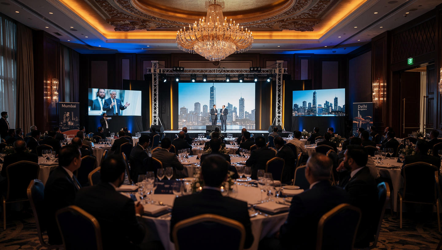 A corporate roadshow dinner in a hotel ballroom with Mumbai and Delhi city skylines on stage screens and guests seated at round tables