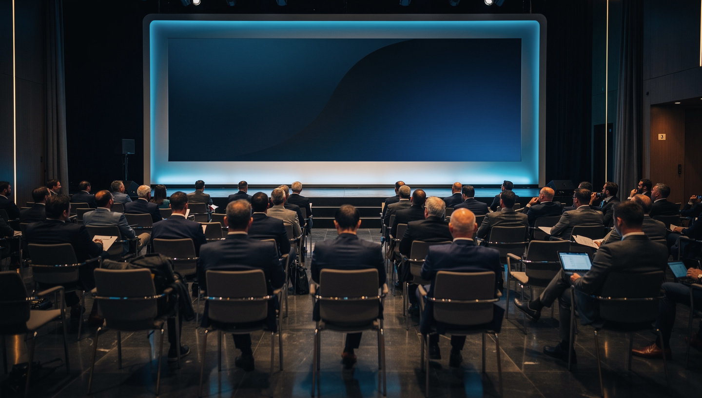 Delegates in business suits seated facing a blue-lit stage screen at a corporate summit, some working on laptops