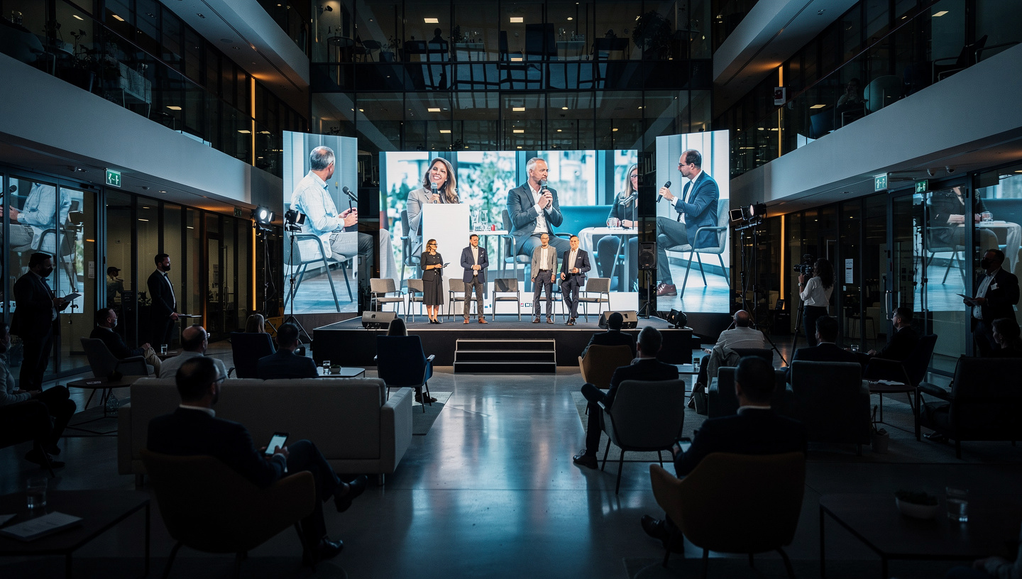 A corporate townhall in an office atrium with speakers on stage and employees seated in lounge chairs