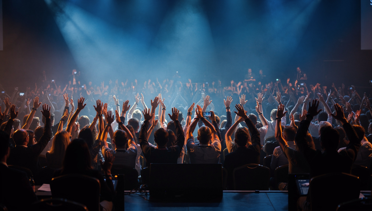 A large conference audience with hands raised under blue stage lights