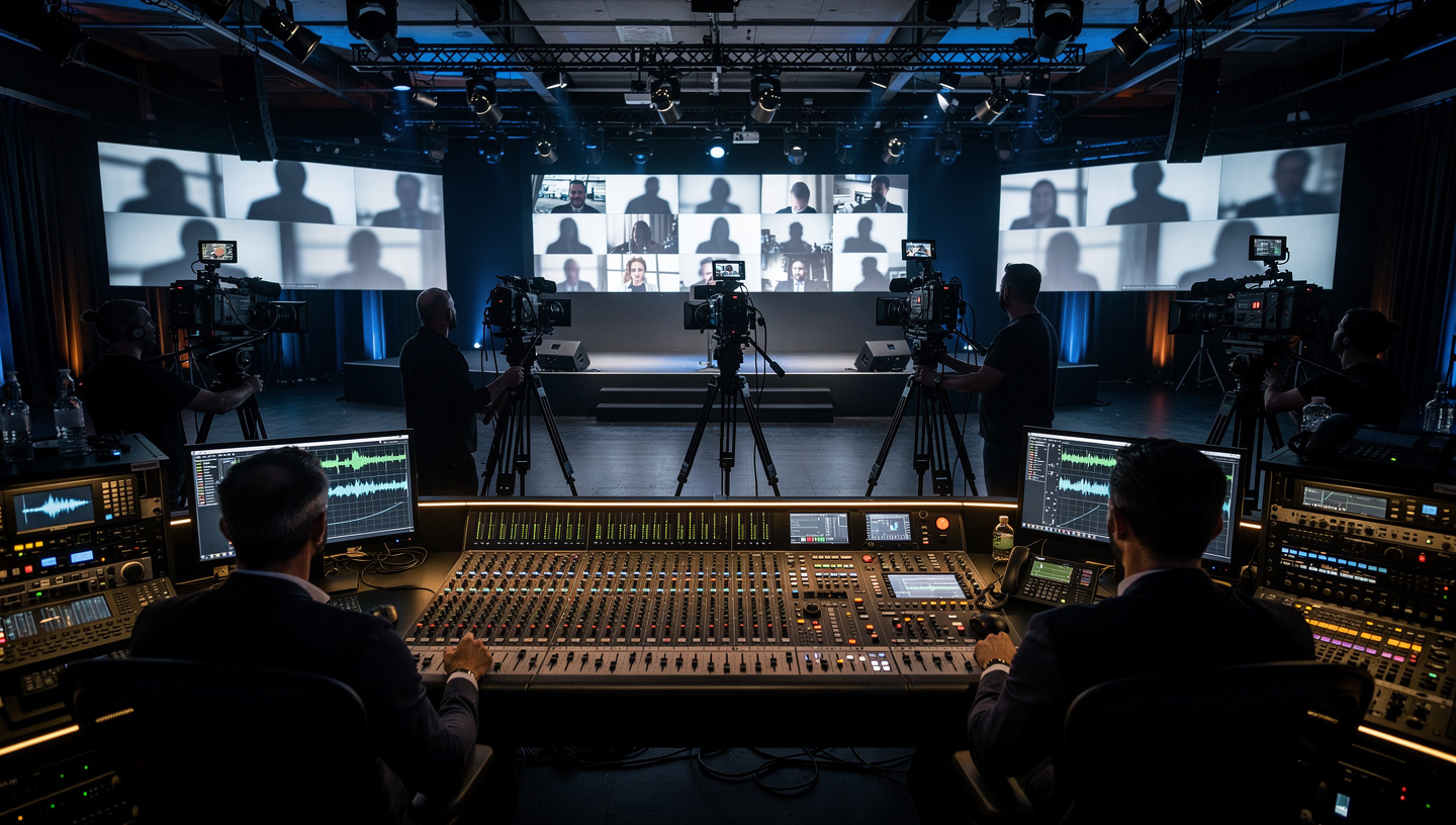 An event control room with multiple mixing desks, monitors and camera operators running a hybrid summit