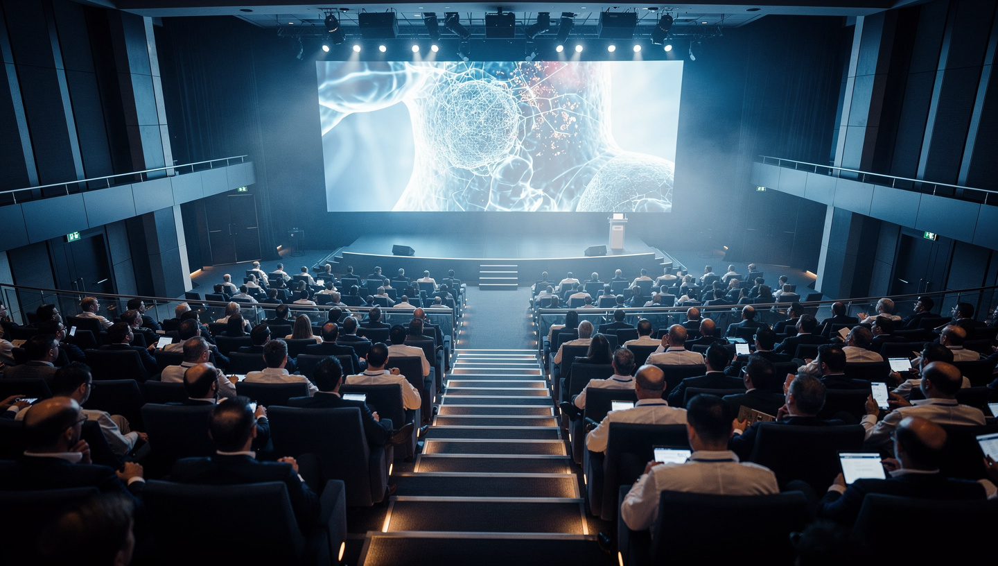 A full conference auditorium seen from the back, with delegates seated in tiered rows facing a large screen