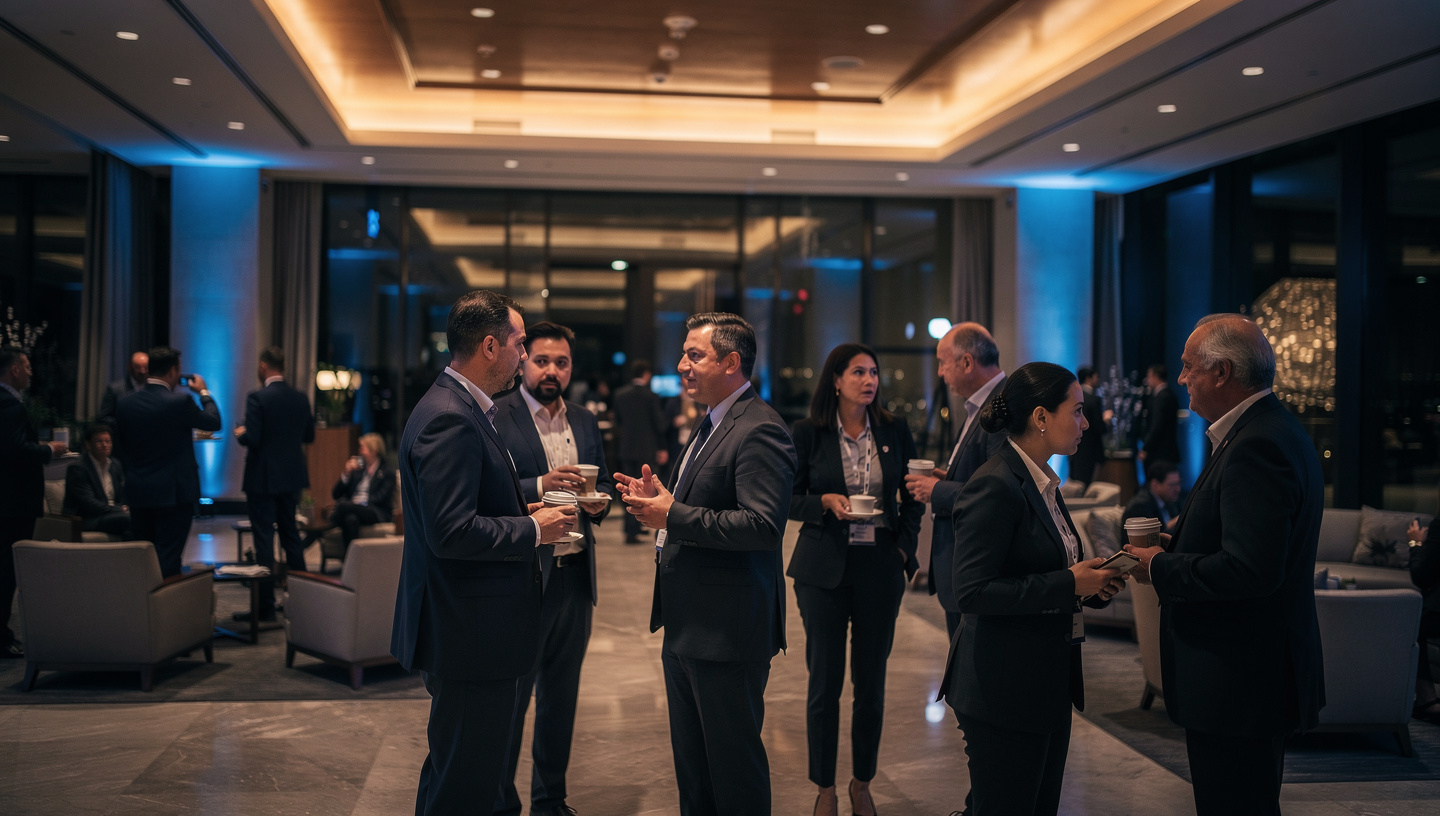 Guests in business attire talking over coffee at an evening reception in a hotel lounge