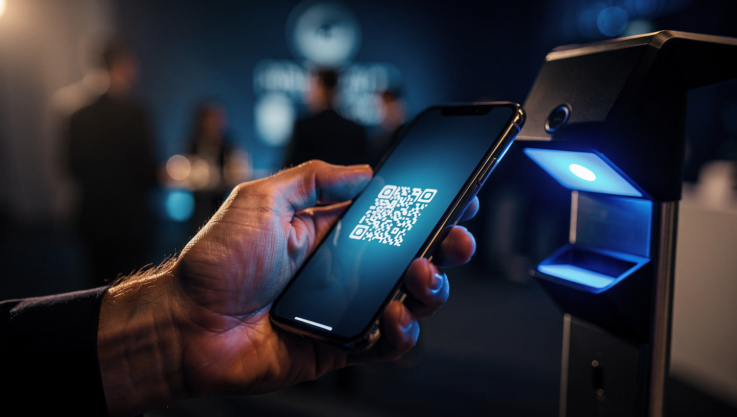An attendee badge being scanned by a QR check-in device at an event