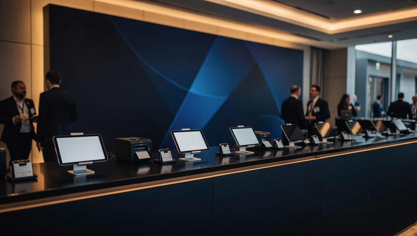 Attendees checking in at an event registration desk