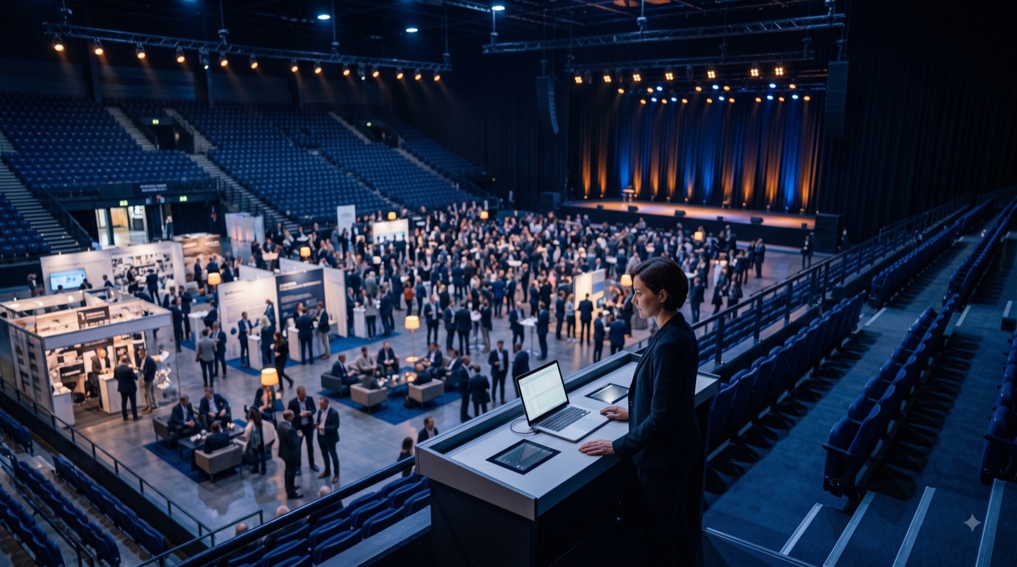 Corporate event professionals coordinating at an evening reception