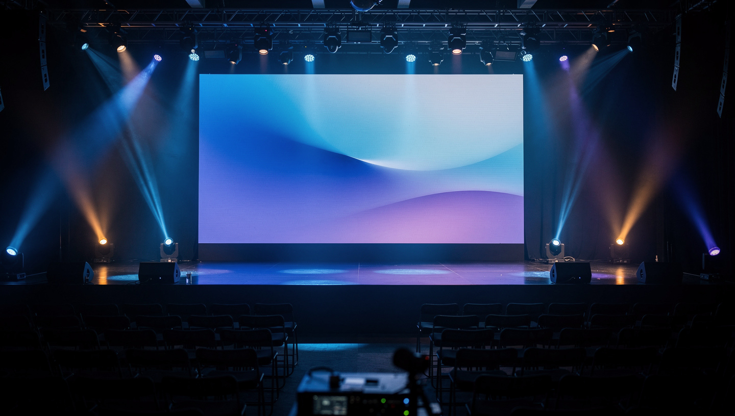 An empty auditorium after an event, with stage lights still on and a blank screen above the stage